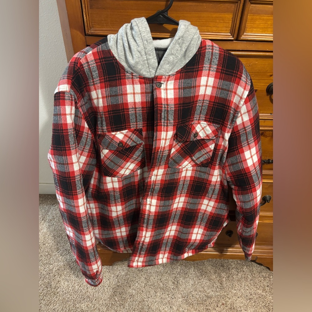 Plaid Hooded Shirt Jacket - Red and Gray